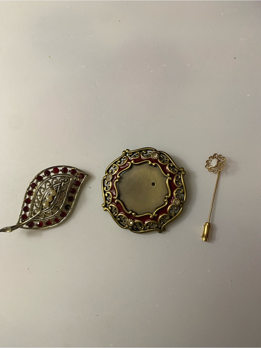 Vintage-Inspired Gold and Red Brooch Pin Set -Middle Clip signed Jay Strongwater
